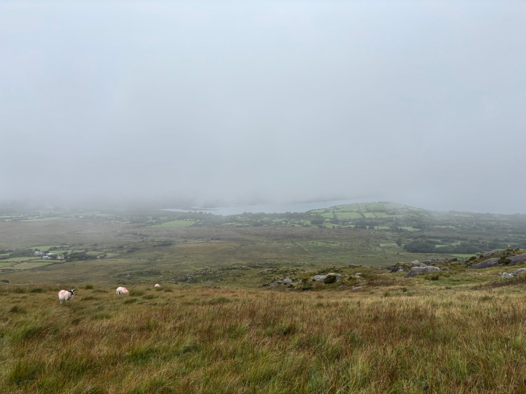 A cloudy landscape with green hills.
